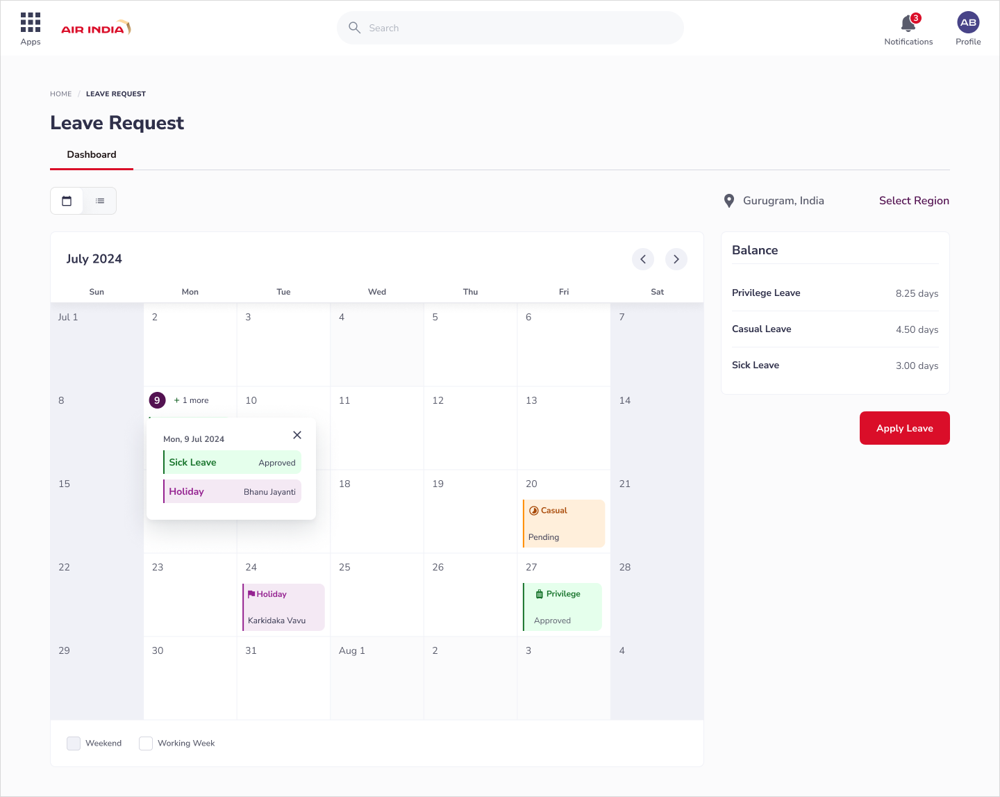calendar view